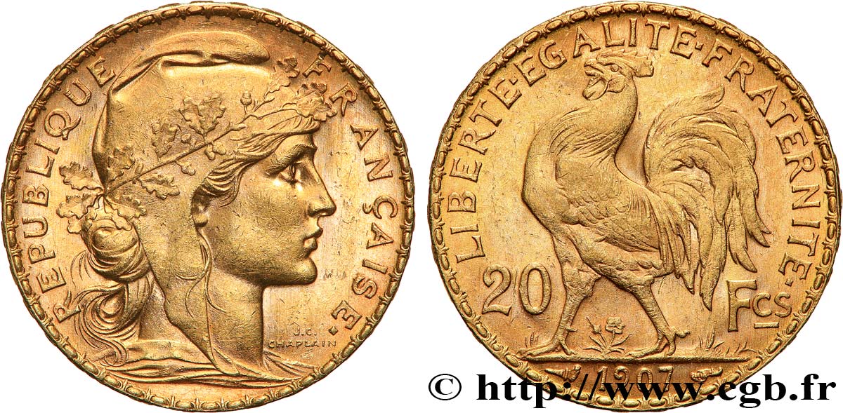 20 francs or Coq, Liberté Égalité Fraternité 1907 Paris F.535/1 EBC+ 