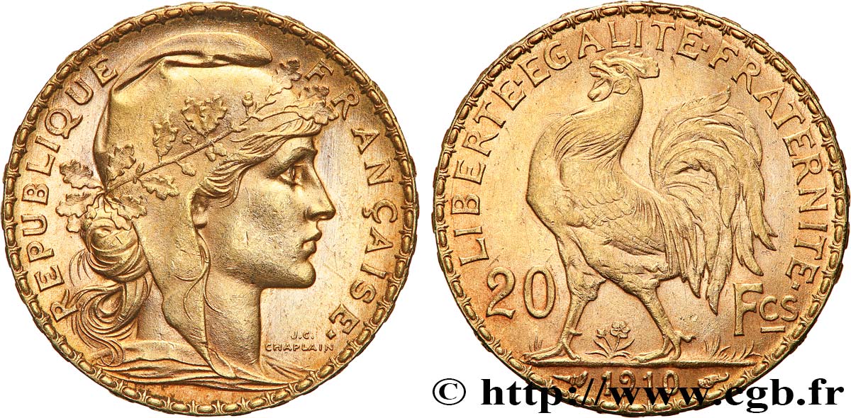 20 francs or Coq, Liberté Égalité Fraternité 1910 Paris F.535/4 MS 