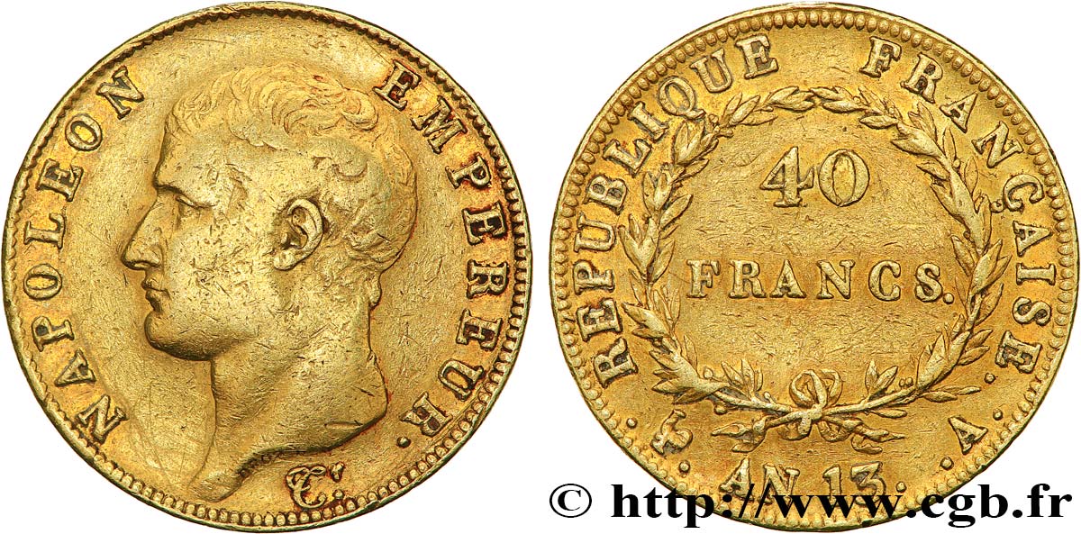 40 francs or Napoléon tête nue, Calendrier révolutionnaire 1805 Paris F.537/1 BC+ 