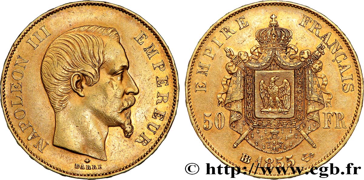 50 francs or Napoléon III, tête nue 1855 Strasbourg F.547/2 AU50 