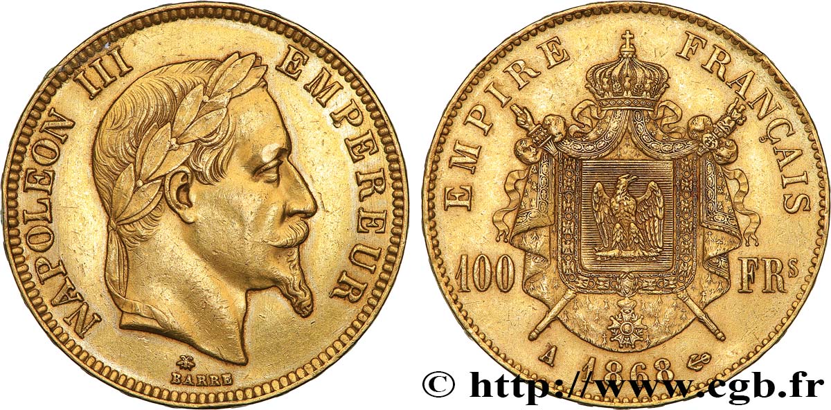 100 francs or Napoléon III, tête laurée 1868 Paris F.551/10 VZ 