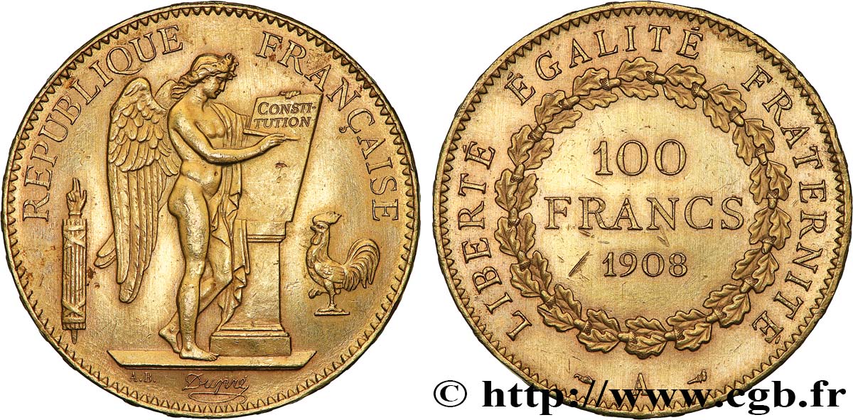 100 francs génie, tranche inscrite en relief liberté égalité fraternité 1908 Paris F.553/2 MS 