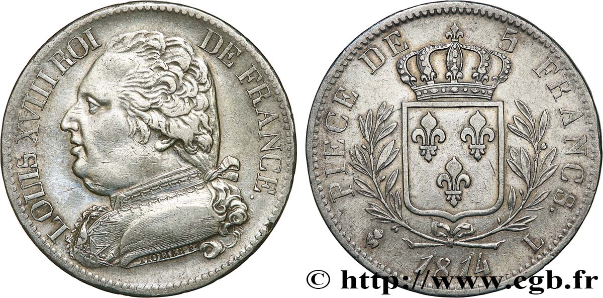 5 francs Louis XVIII, buste habillé 1814 Bayonne F.308/8 AU50 