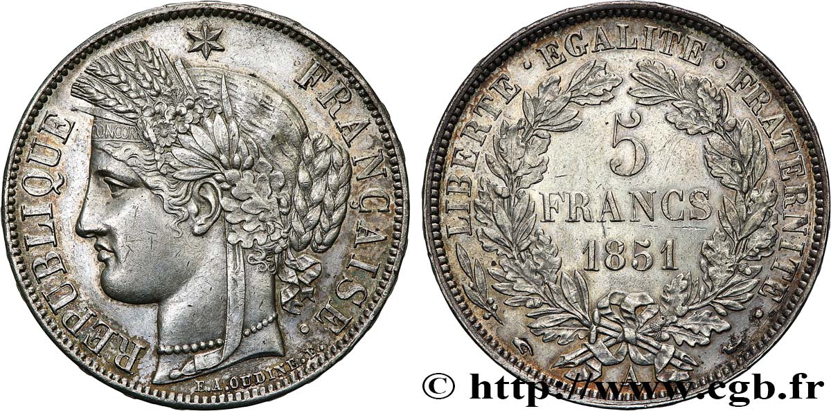 5 francs Cérès, IIe République 1851 Paris F.327/7 SUP55 