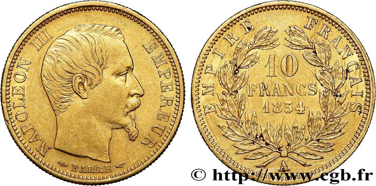 10 francs or Napoléon III tête nue, petit module 1854 Paris F.505A/1 SS 
