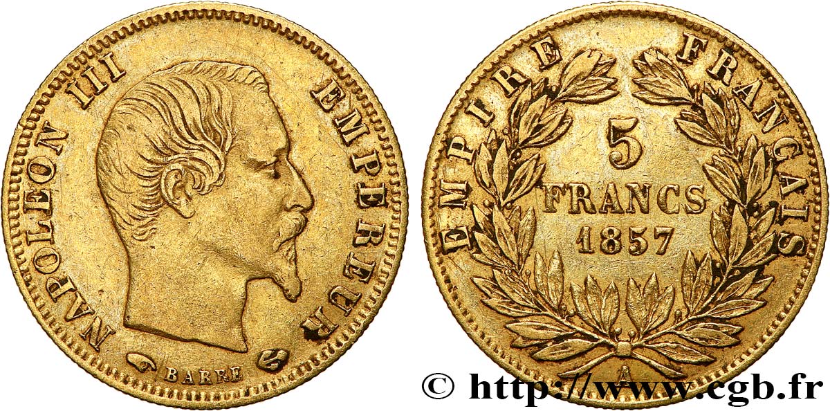 5 francs or Napoléon III, tête nue, grand module 1857 Paris F.501/4 VF 