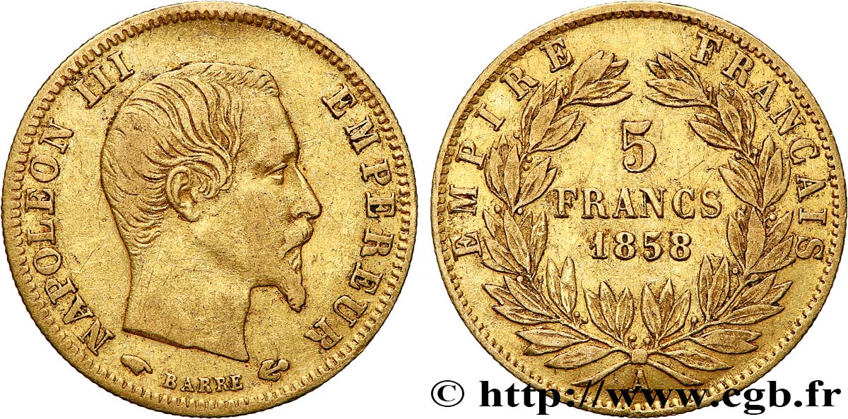 5 francs or Napoléon III, tête nue, grand module 1858 Paris F.501/5 VF35 