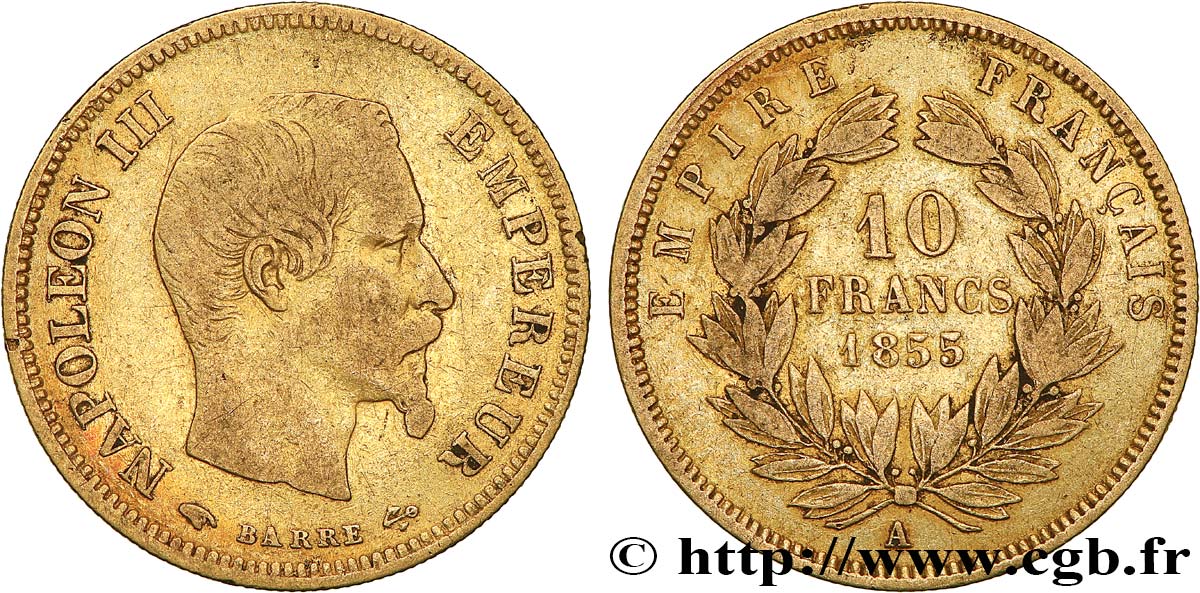 10 francs or Napoléon III, tête nue 1855 Paris F.506/1 VF30 