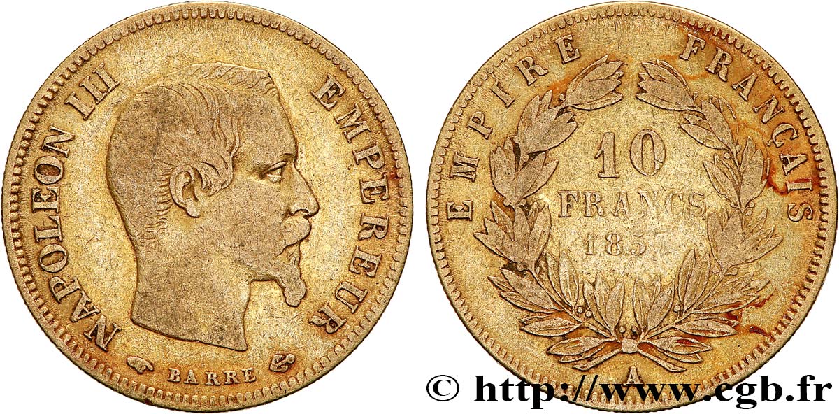 10 francs or Napoléon III, tête nue 1857 Paris F.506/4 TB 