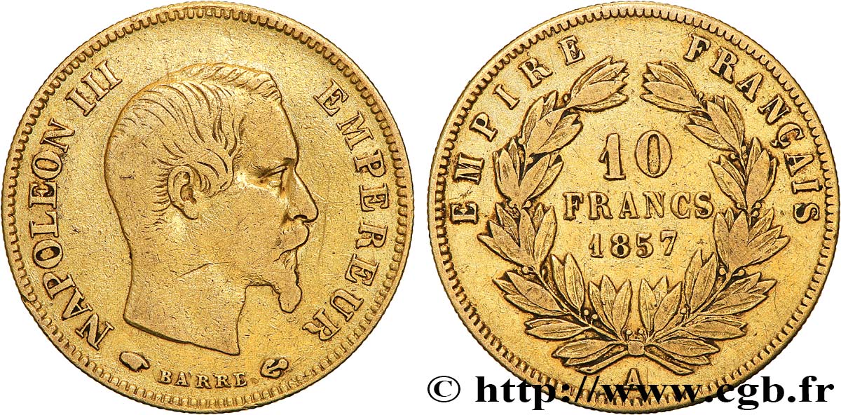 10 francs or Napoléon III, tête nue 1857 Paris F.506/4 VF30 