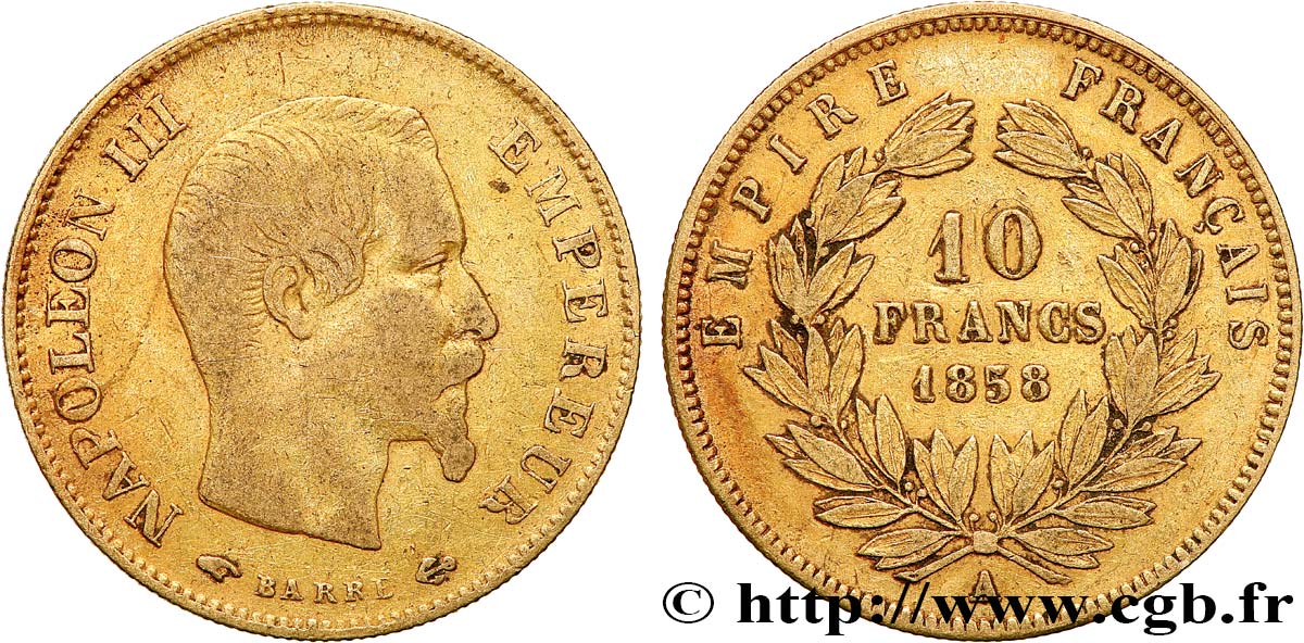 10 francs or Napoléon III, tête nue, grand module 1858 Paris F.506/5 TB35 
