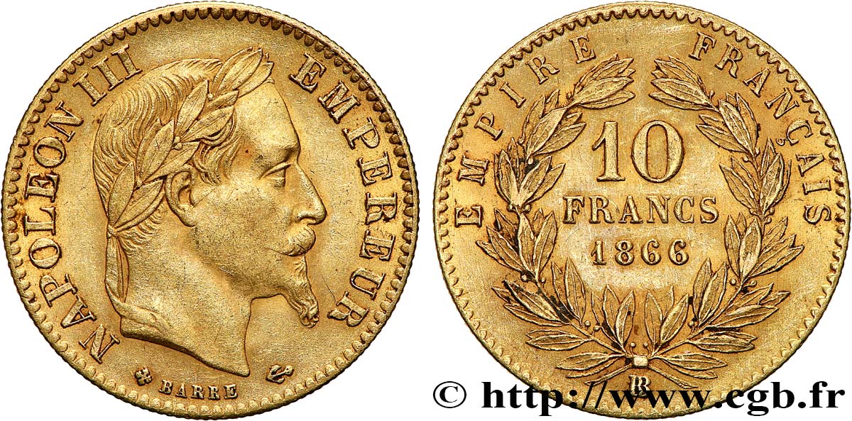 10 francs or Napoléon III, tête laurée 1866 Strasbourg F.507A/14 AU53 