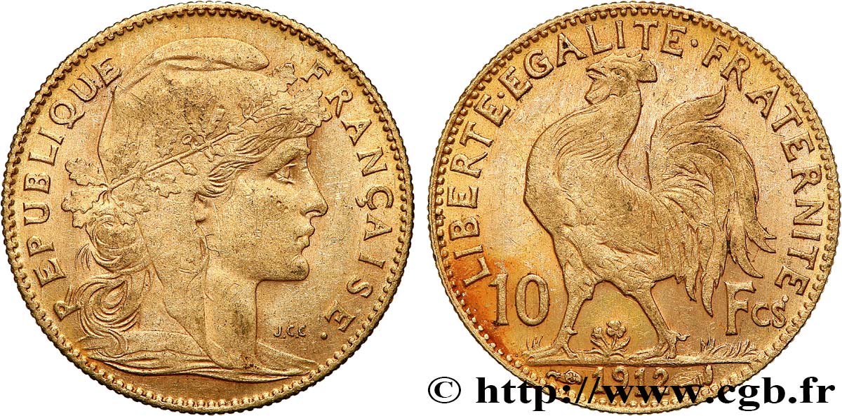 10 francs or Coq 1912 Paris F.509/13 MBC+ 
