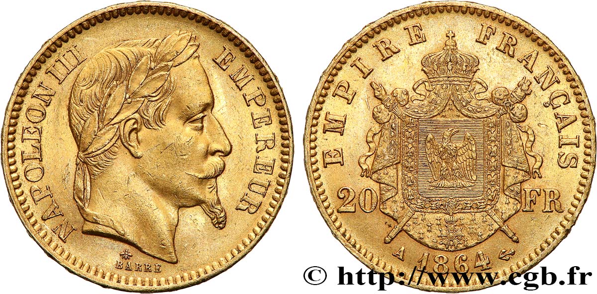 20 francs or Napoléon III, tête laurée 1864 Paris F.532/8 EBC55 