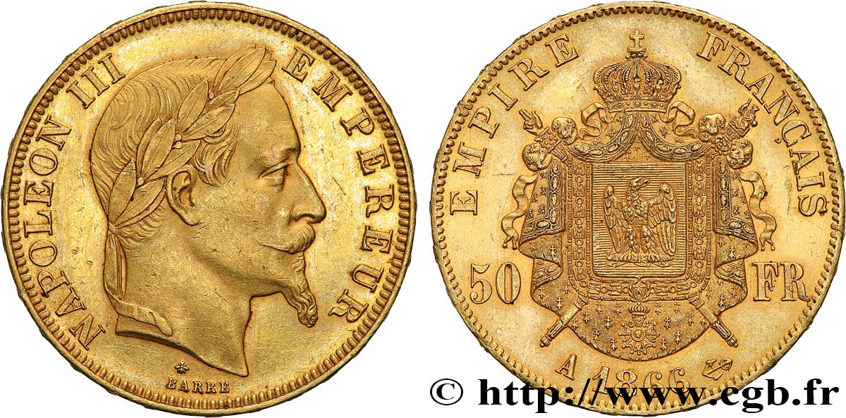 50 francs or Napoléon III, tête laurée 1866 Paris F.548/6 SPL58 