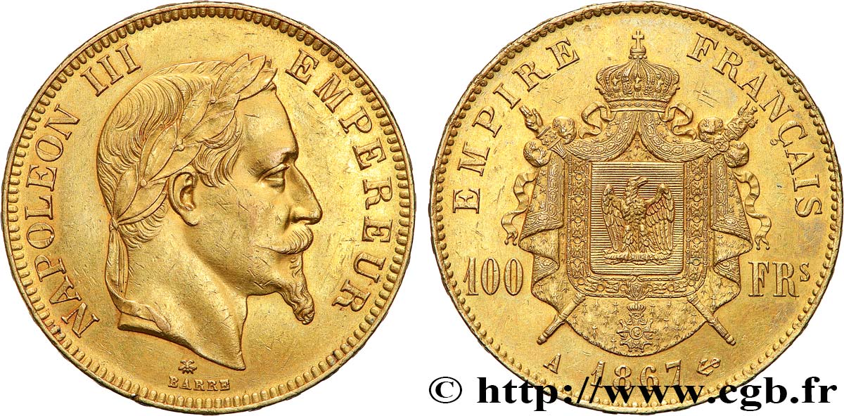 100 francs or Napoléon III, tête laurée 1867 Paris F.551/8 VZ 
