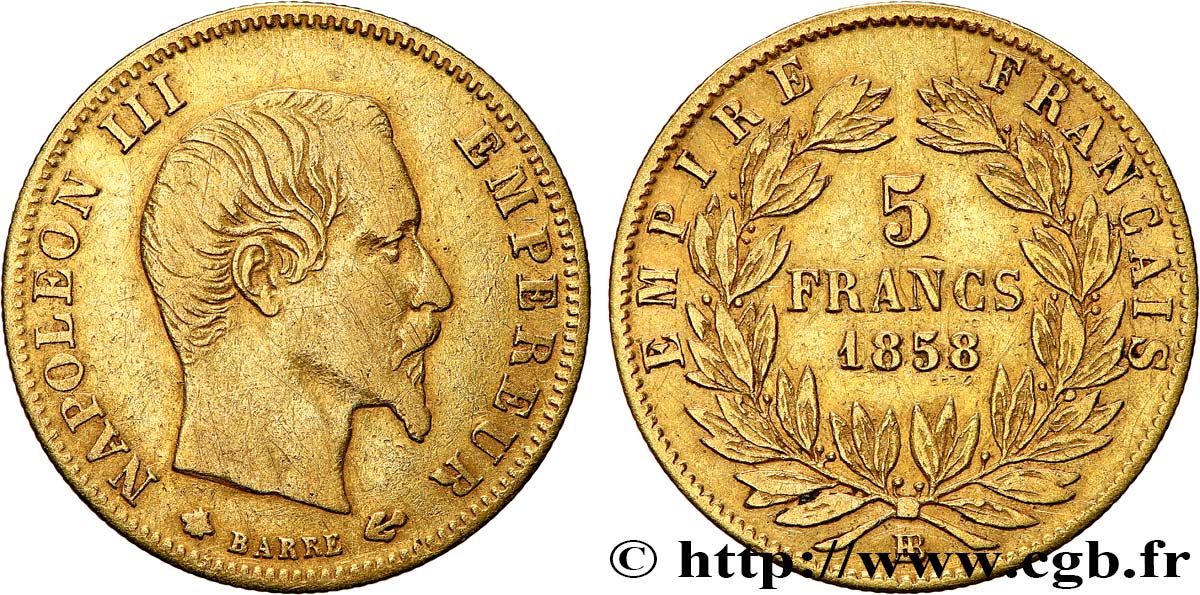 5 francs or Napoléon III, tête nue, grand module 1858 Strasbourg F.501/6 VF25 