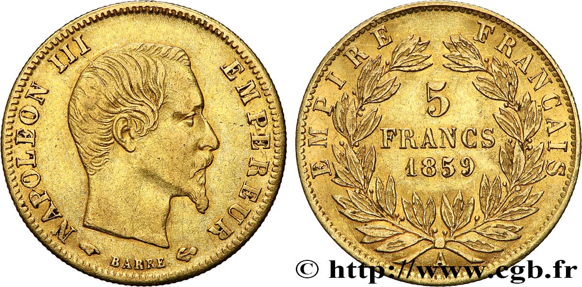 5 francs or Napoléon III, tête nue, grand module 1859 Paris F.501/7 XF45 