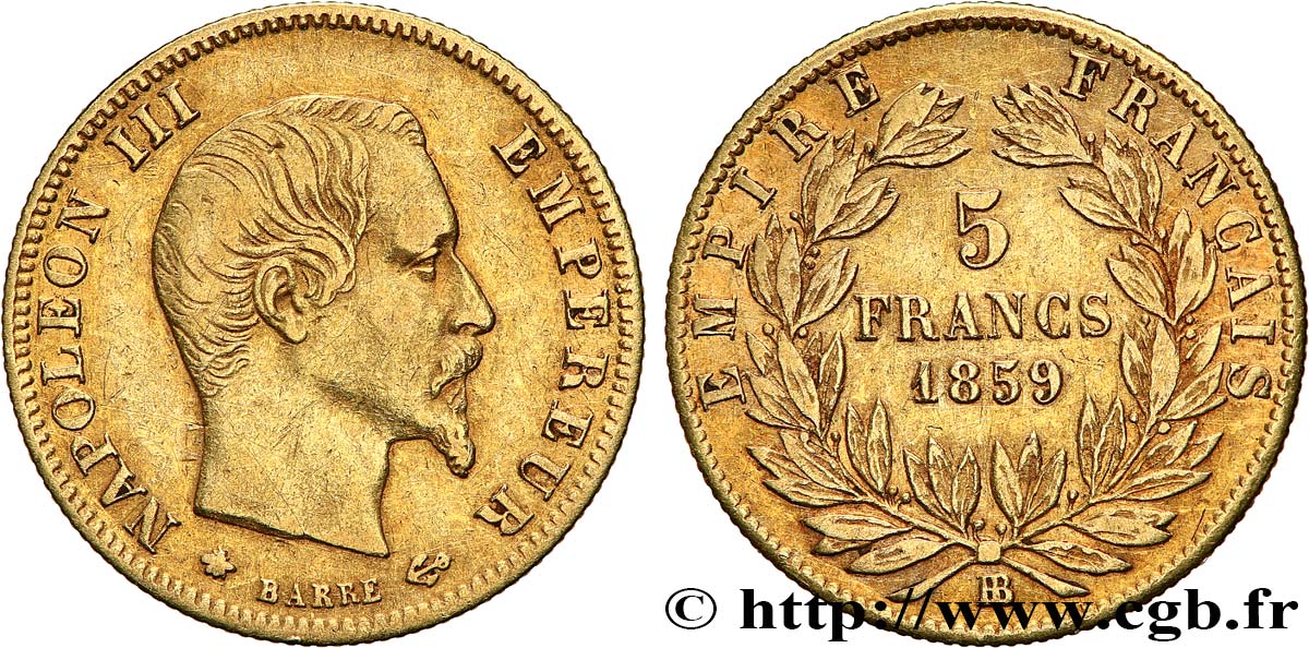 5 francs or Napoléon III, tête nue, grand module 1859 Strasbourg F.501/8 q.BB 