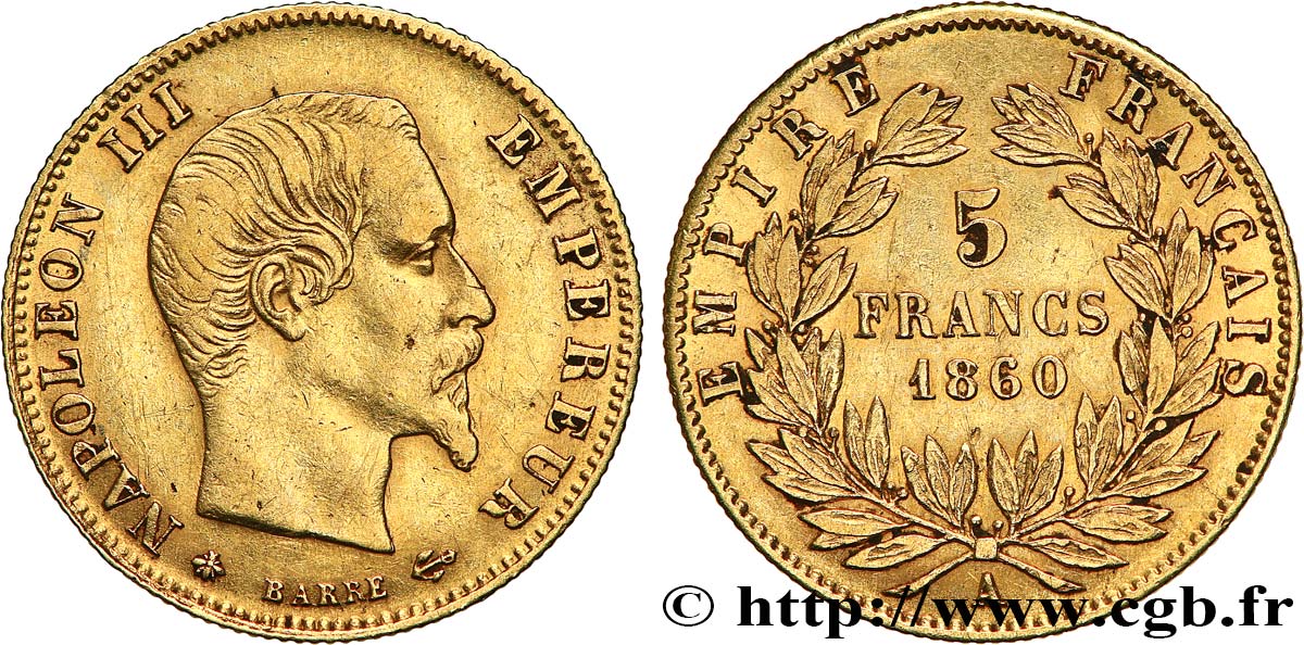 5 francs or Napoléon III, tête nue, grand module 1860 Paris F.501/11 XF 