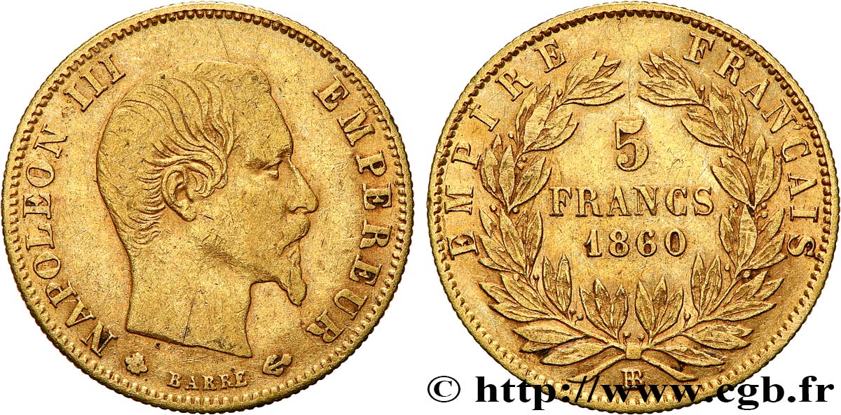 5 francs or Napoléon III, tête nue, grand module 1860 Strasbourg F.501/13 BC35 