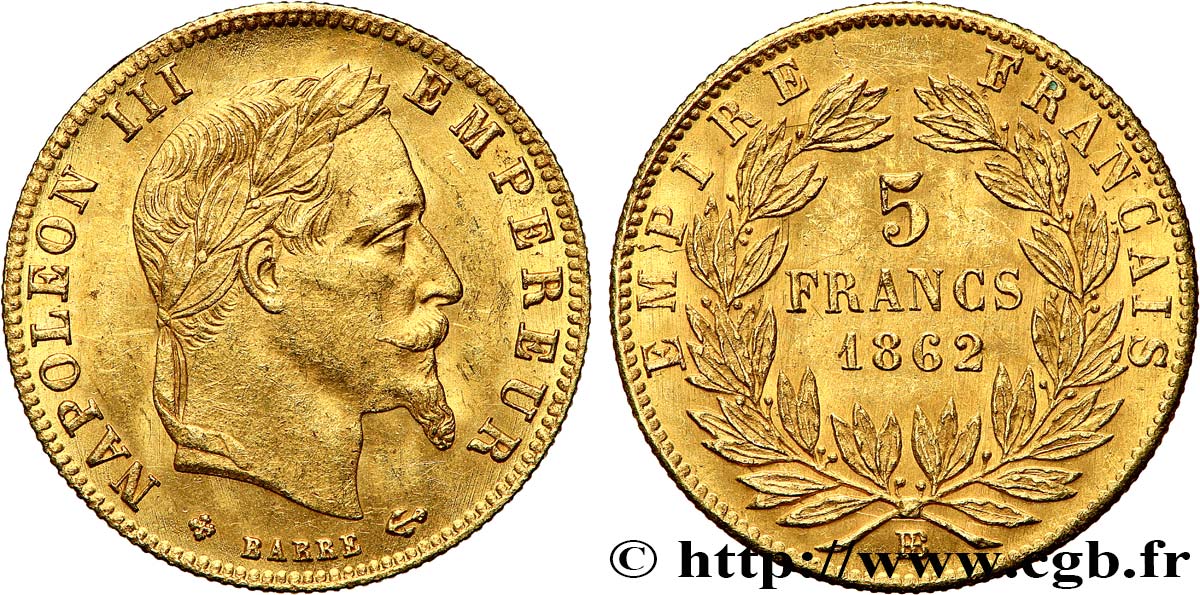 5 francs or Napoléon III, tête laurée 1862 Strasbourg F.502/2 EBC60 