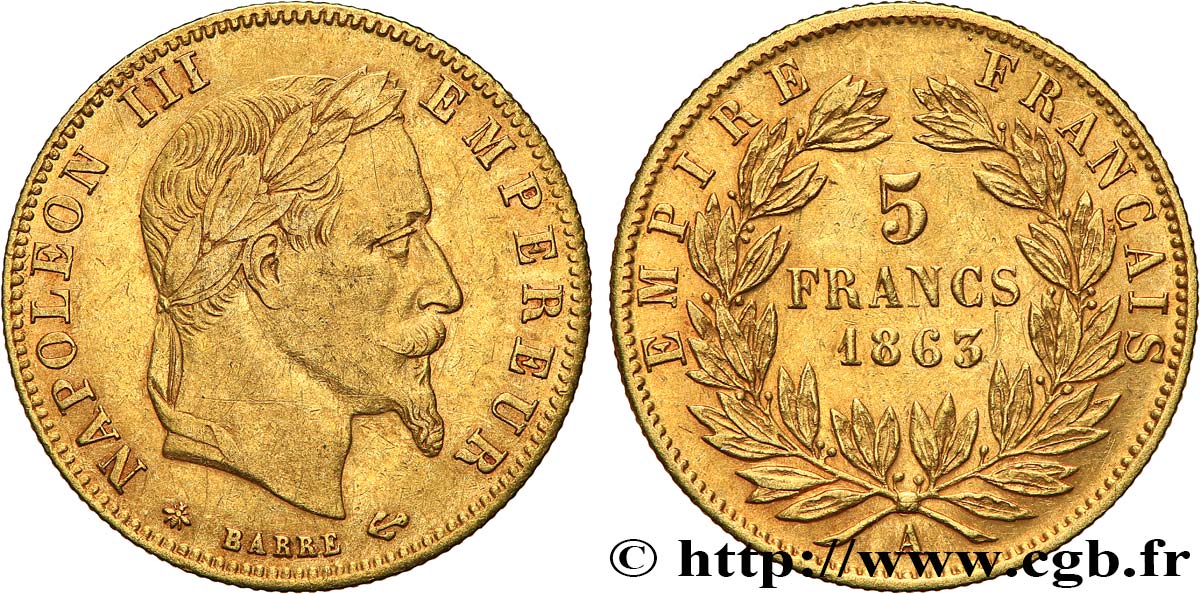 5 francs or Napoléon III, tête laurée 1863 Paris F.502/3 SS50 