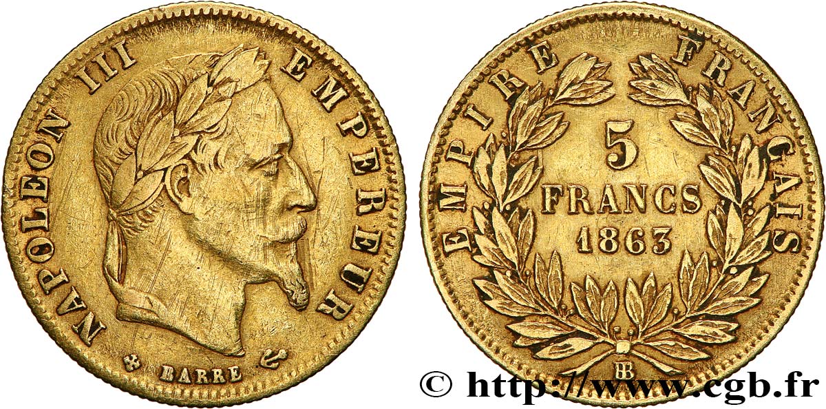 5 francs or Napoléon III, tête laurée 1863 Strasbourg F.502/4 BC+ 