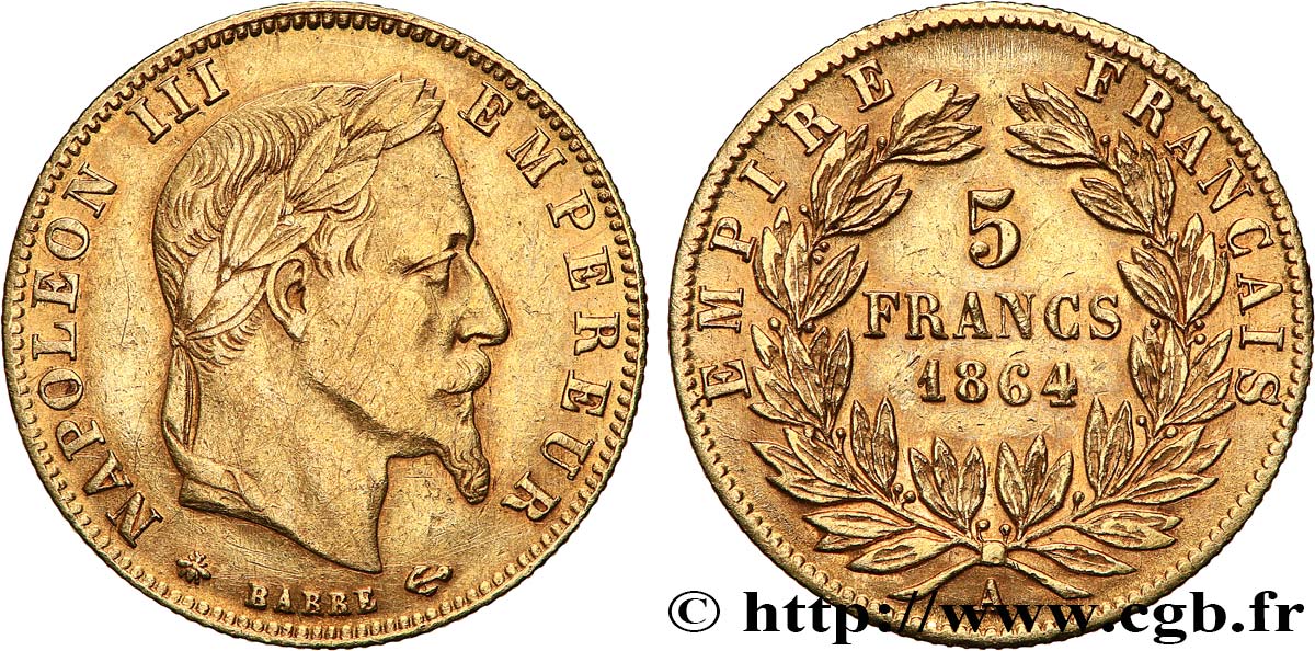 5 francs or Napoléon III, tête laurée 1864 Paris F.502/5 SS 