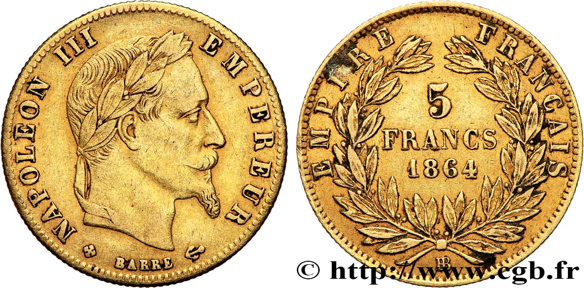5 francs or Napoléon III, tête laurée 1864 Strasbourg F.502/6 SS 