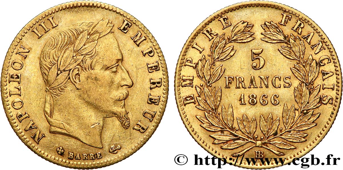 5 francs or Napoléon III, tête laurée 1866 Strasbourg F.502/10 TTB 