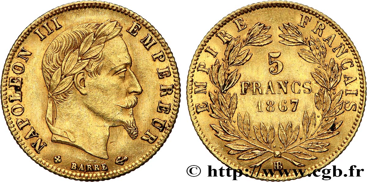 5 francs or Napoléon III, tête laurée 1867 Strasbourg F.502/12 EBC55 