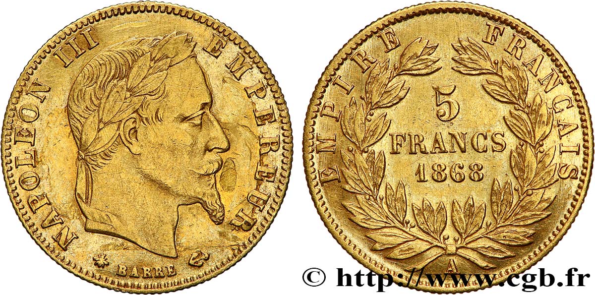5 francs or Napoléon III, tête laurée 1868 Paris F.502/13 TTB+ 