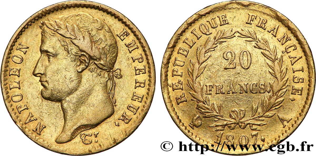20 francs or Napoléon tête laurée, République française 1807 Paris F.515/1 MBC 