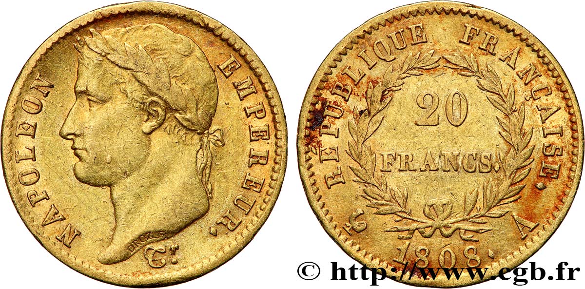 20 francs or Napoléon tête laurée, République française 1808 Paris F.515/2 SS 