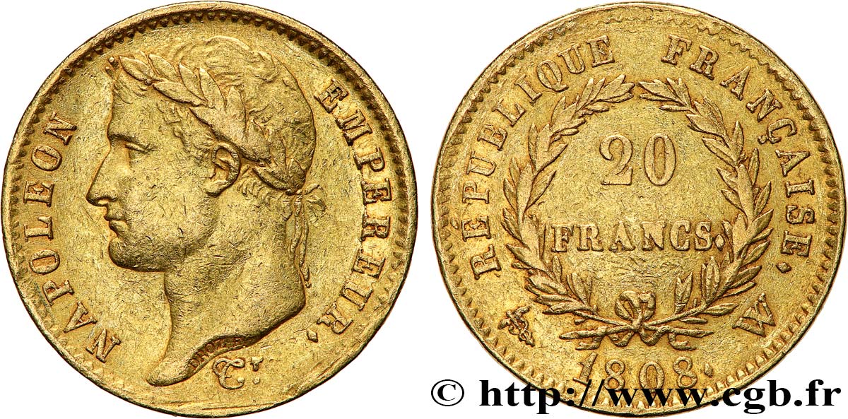 20 francs or Napoléon tête laurée, République française 1808 Lille F.515/8 MBC 