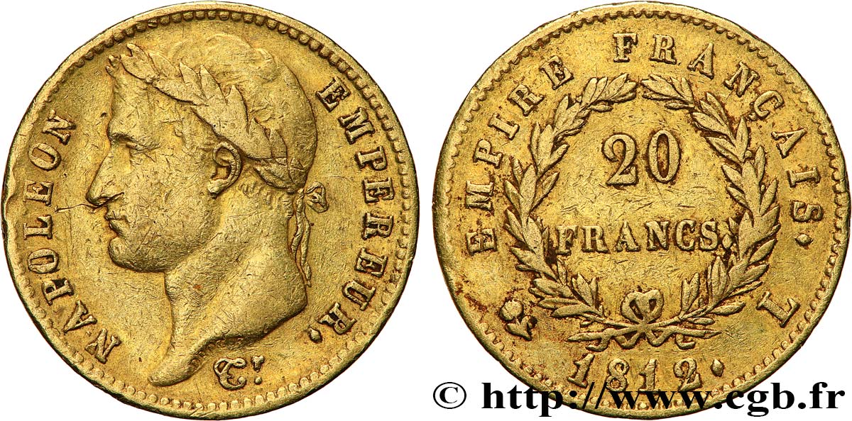 20 francs or Napoléon tête laurée, Empire français 1812 Bayonne F.516/24 VF35 
