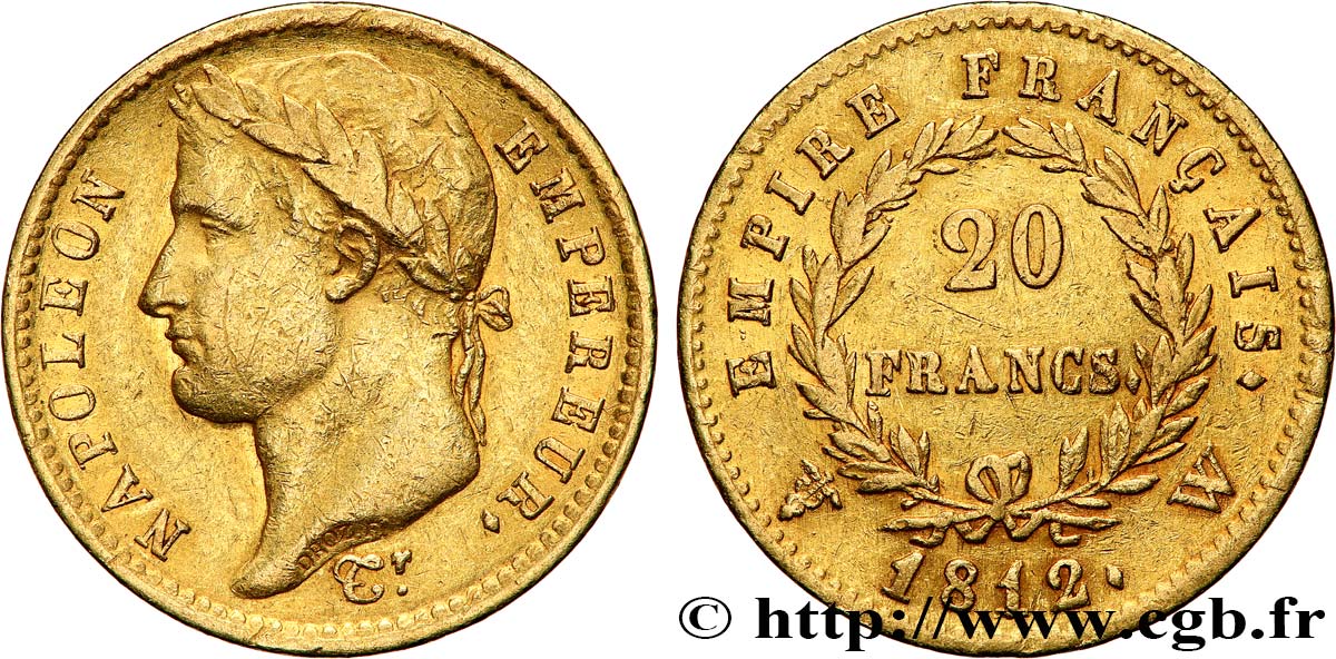 20 francs or Napoléon tête laurée, Empire français 1812 Lille F.516/29 MBC 