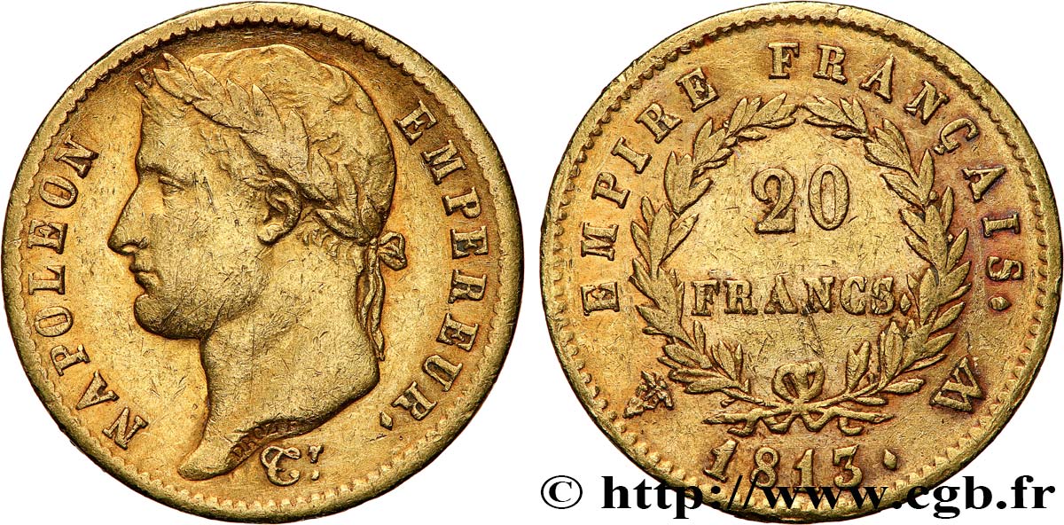 20 francs or Napoléon tête laurée, Empire français 1813 Lille F.516/38 MBC 
