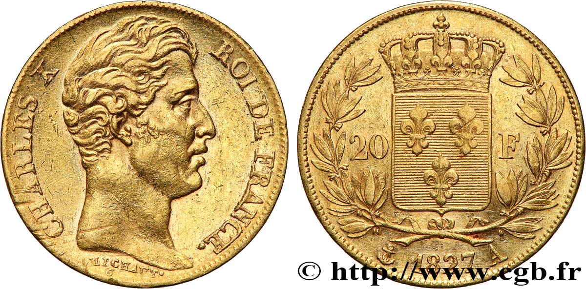 20 francs or Charles X 1827 Paris F.520/6 MBC+ 