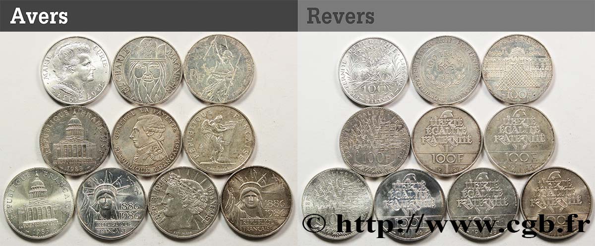 Lot de 10 pièces de 100 francs commémoratives - - F.-/ XF 