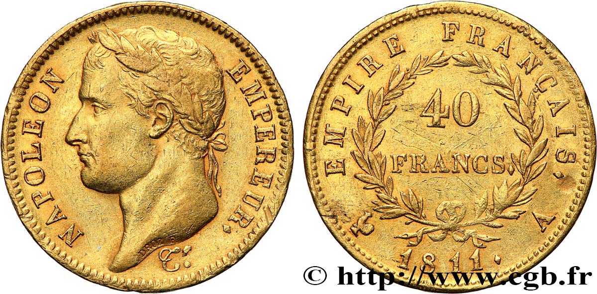 40 francs or Napoléon tête laurée, Empire français 1811 Paris F.541/6 XF 