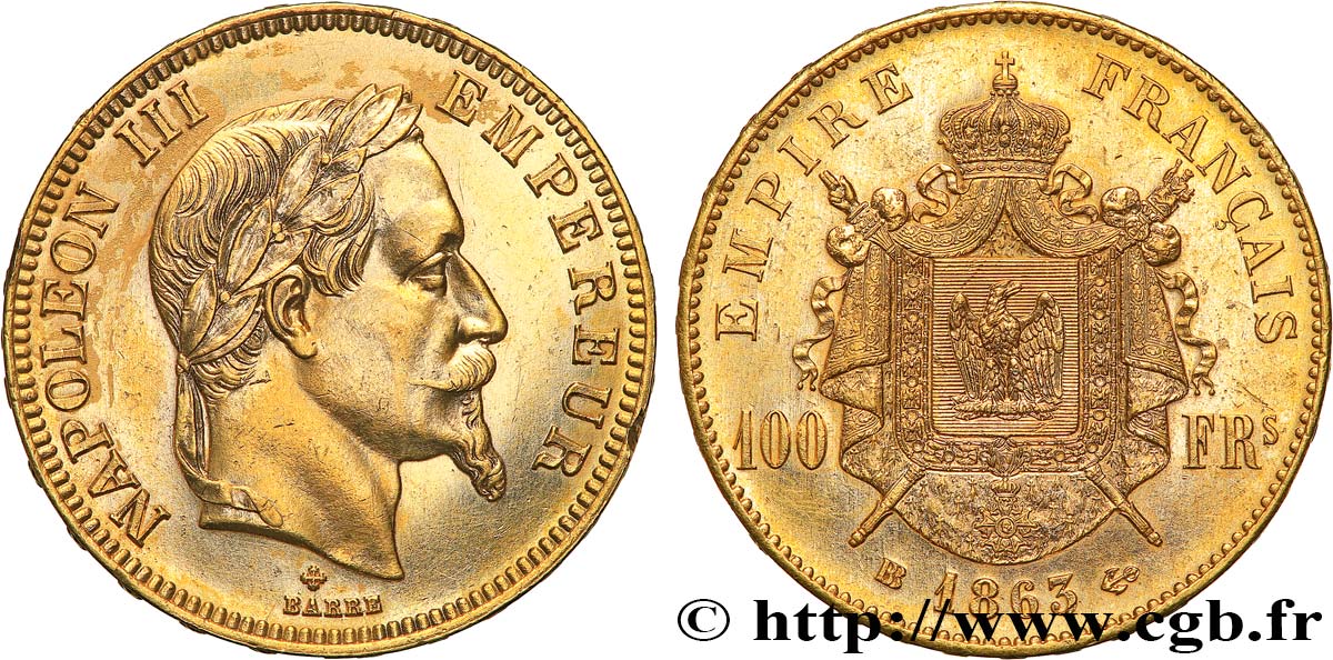 100 francs or Napoléon III, tête laurée 1863 Strasbourg F.551/3 VZ 