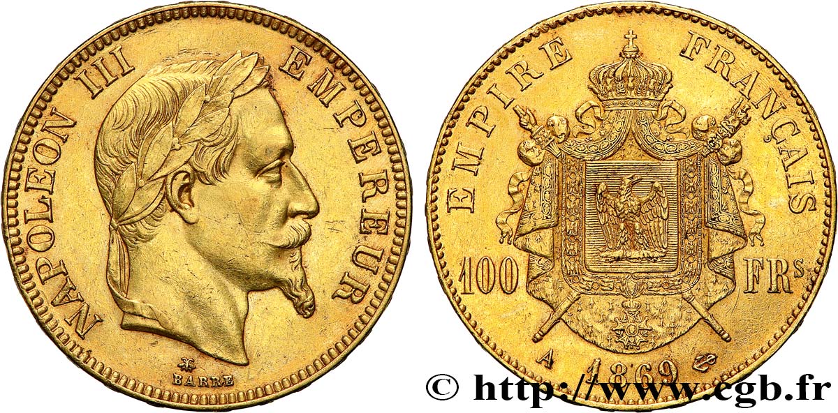 100 francs or Napoléon III, tête laurée 1869 Paris F.551/12 TTB53 