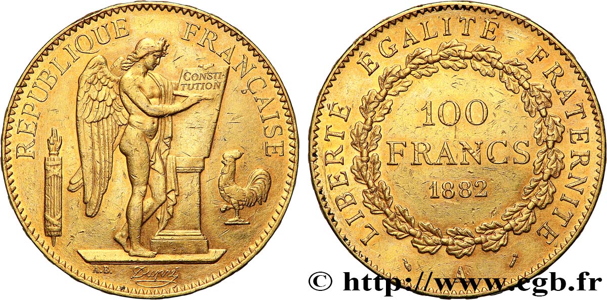 100 francs or Génie, tranche inscrite en relief Dieu protège la France 1882 Paris F.552/5 MBC+ 