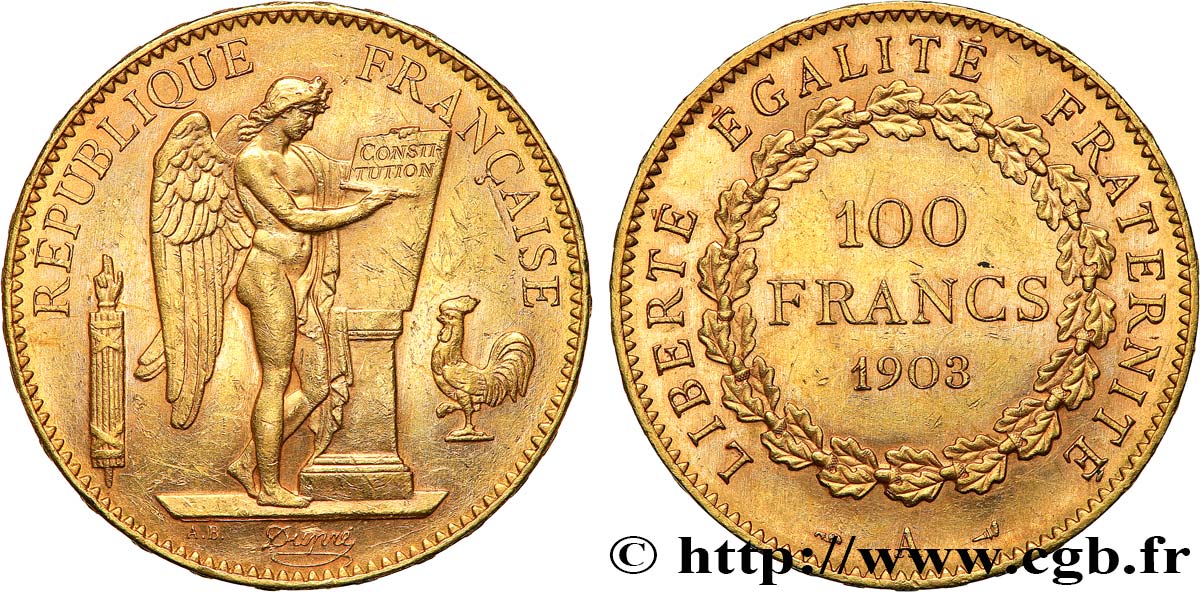 100 francs or Génie, tranche inscrite en relief Dieu protège la France 1903 Paris F.552/16 SPL 