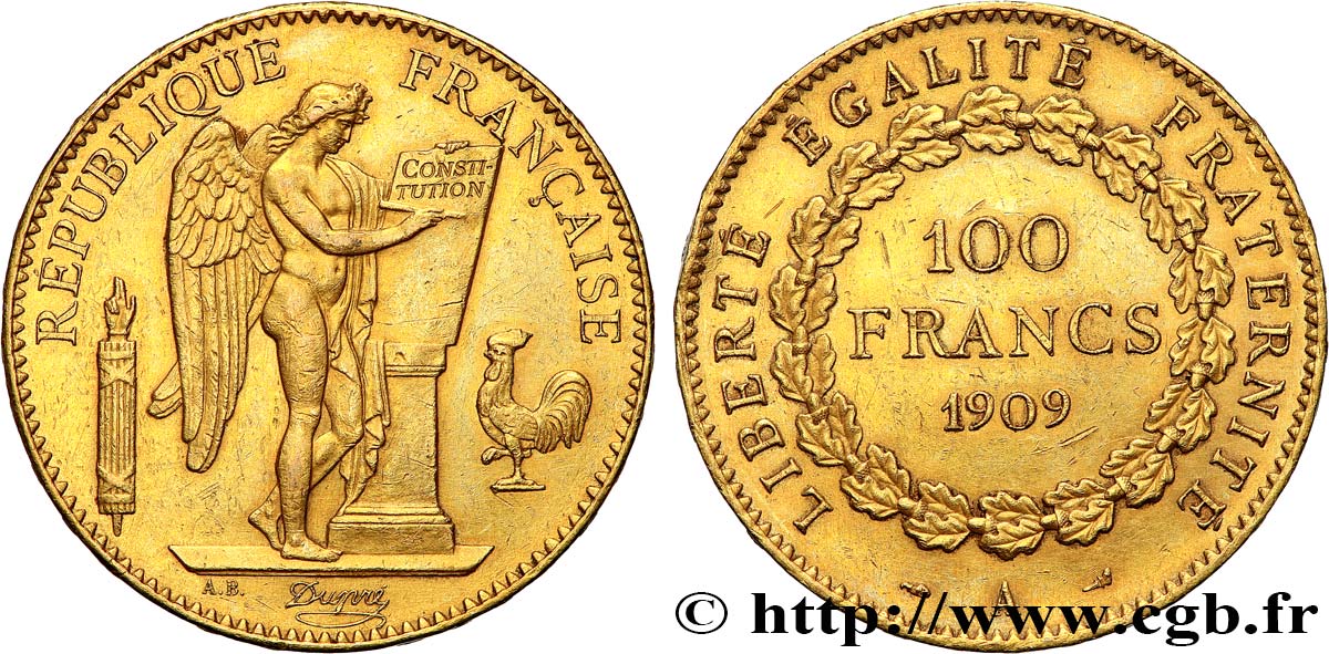 100 francs or Génie, tranche inscrite en relief Liberté Égalité Fraternité 1909 Paris F.553/3 SUP 