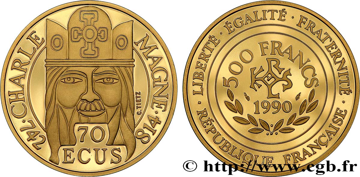 Belle Epreuve Or 70 écus / 500 francs - Charlemagne 1990  F.2100 3 MS 