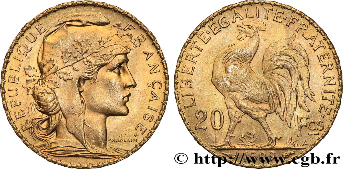 20 francs or Coq, Liberté Égalité Fraternité 1909 Paris F.535/3 EBC+ 