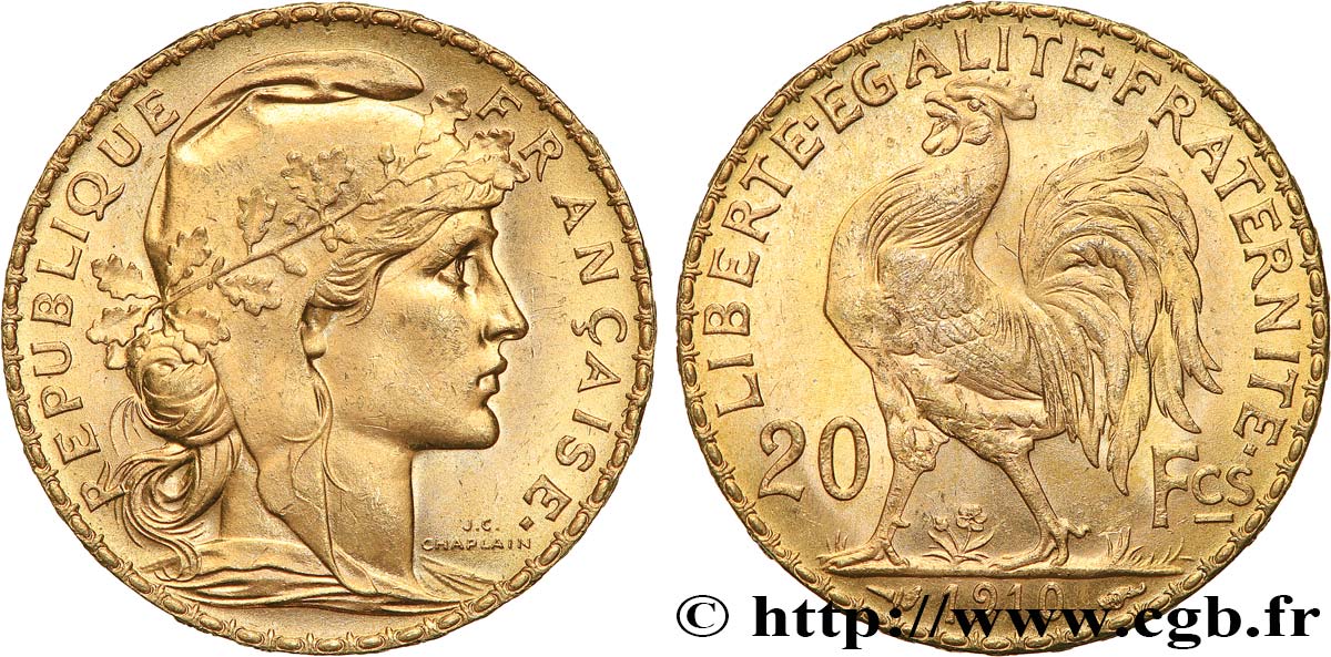 20 francs or Coq, Liberté Égalité Fraternité 1910 Paris F.535/4 MS 